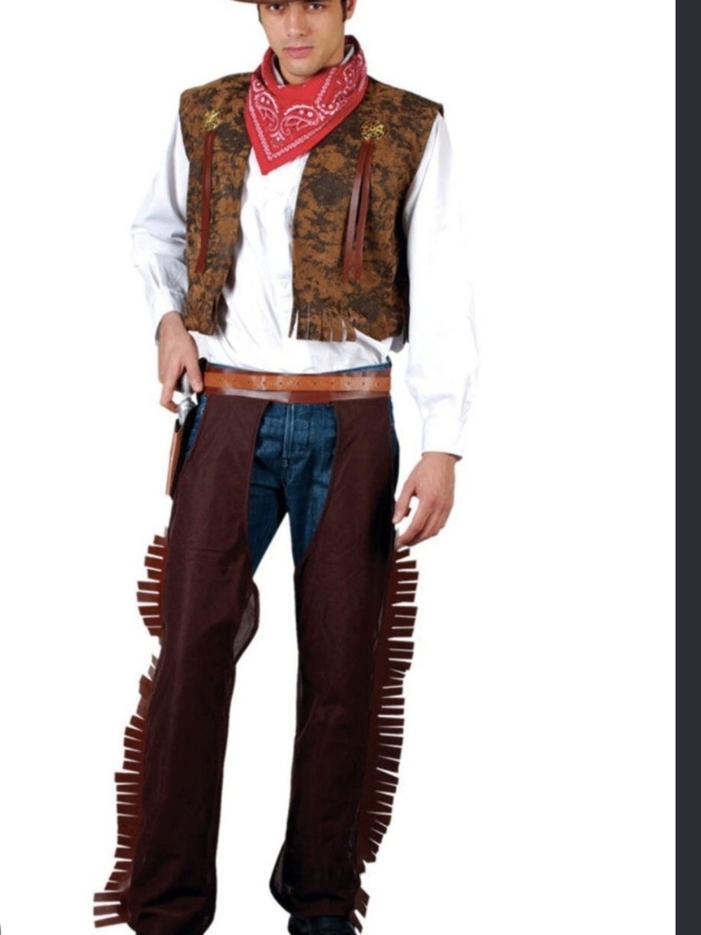 Men's Cowboy Costume Set with Brown Fringe Chaps and Red Bandana